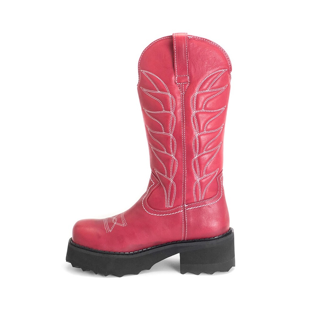 John Fluevog Red Leather Resoled F-Shoe Hi Cowboy Western Boots, Sz 10.5 - Picture 5 of 11